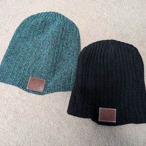Teal and Black Knit Beanies with Leather Patch